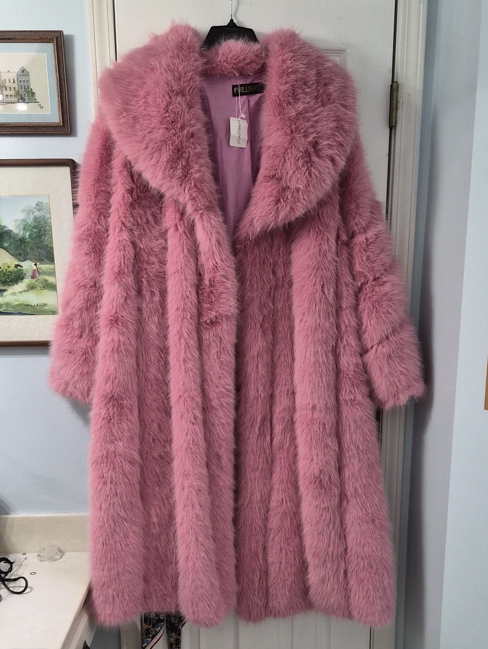 Pink Elegant Women's Long Collar Faux Fox Fur Coat - Picture 5 of 11